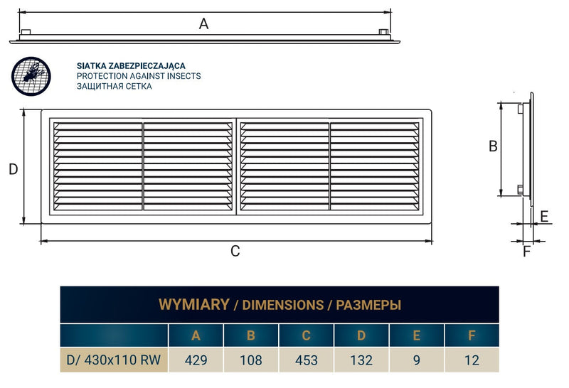 Louvre Vent D/430X110RW Classic 430mm X 110mm with Fly Screen - Hardware > Heating, Ventilation & Air Conditioning