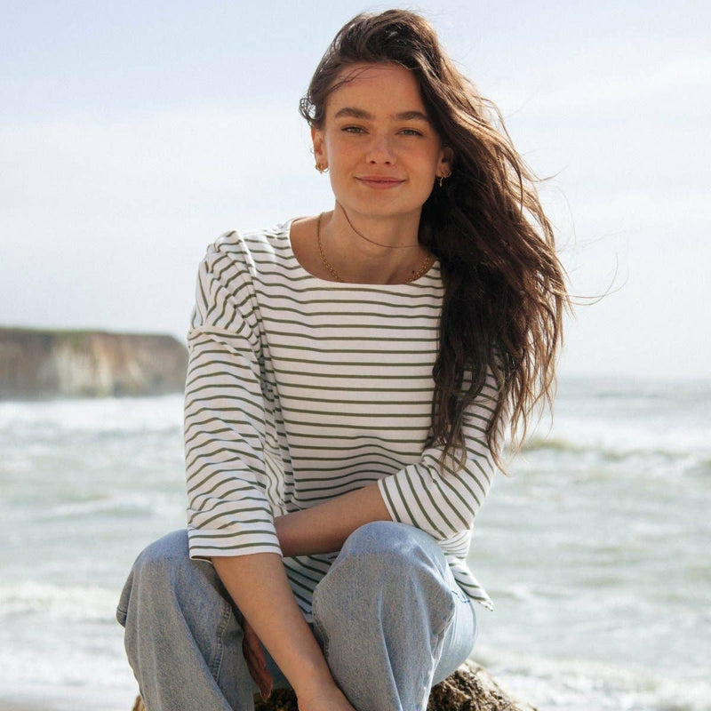 Organic Cotton Womens Striped Boat Neck Work Top Sizes 8-18 Uk - Sustainable Workwear Range