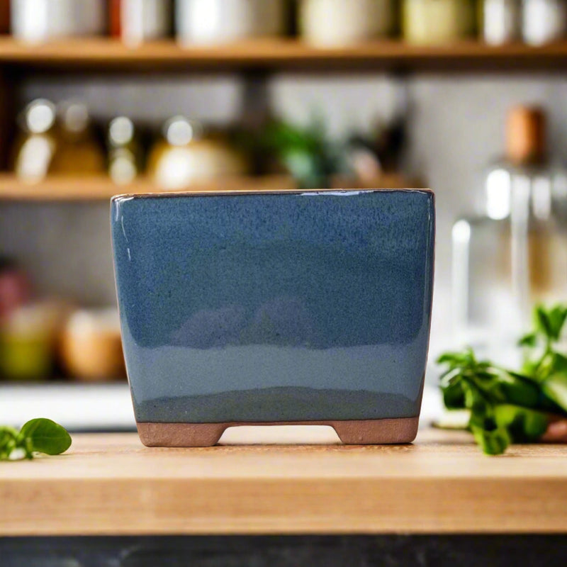 13cm Glazed Cascade Bonsai Pot | Square | 13cm x 13cm x 10cm | Blue