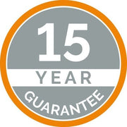 15 year guarantee logo with orange border and gray center