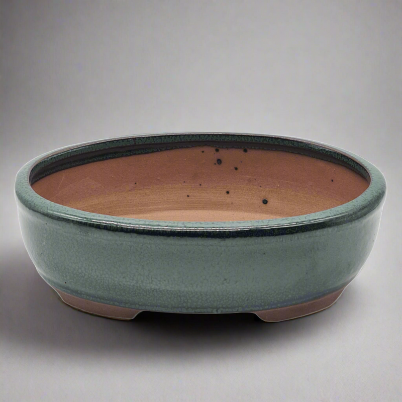 18cm Glazed Bonsai Pot | Oval | 18cm x 15cm x 5cm | Green