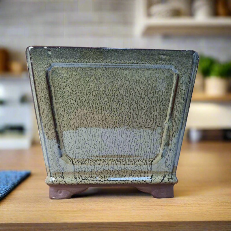 19cm Glazed Cascade Bonsai Pot | Square | 19cm x 19cm x 16cm | Olive Green