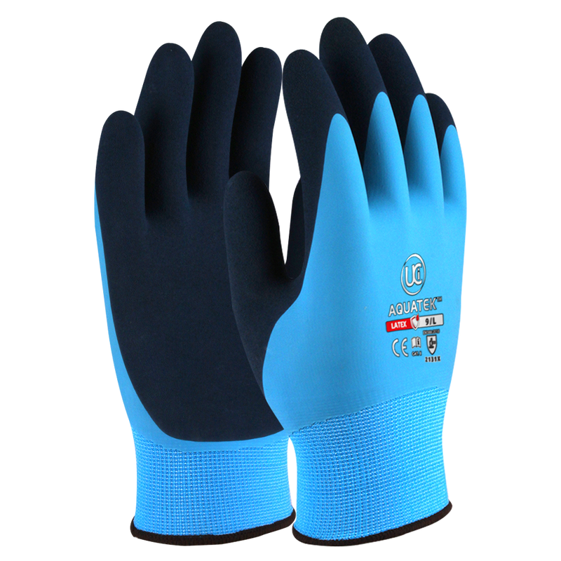 Aquatek Dual Coated Water Resistant Latex Gloves (10 Pack) - LIQUID PROTECTION GLOVES