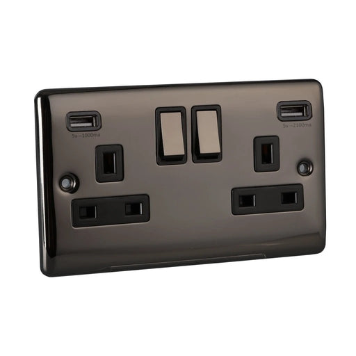 Caradok 2 Gang Double Pole switched socket with USB sockets - Black Nickel - Caradok - The Curve - Black Nickel