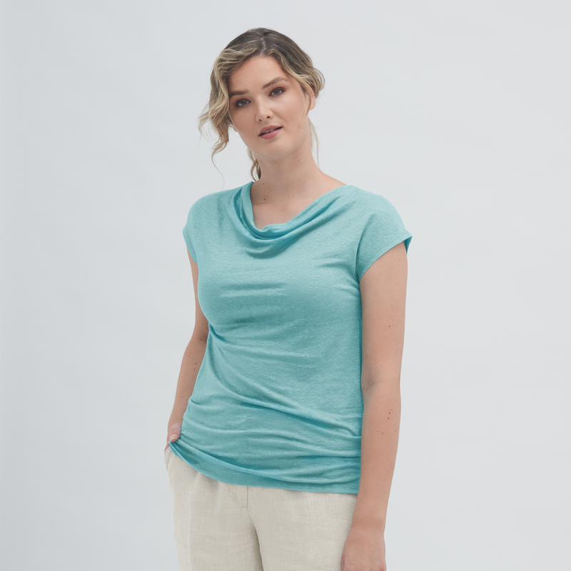 Linen Cowl Neck Womens Work T-shirt Sizes Xs to XL Apricot or Lagoon - Sustainable Workwear Range