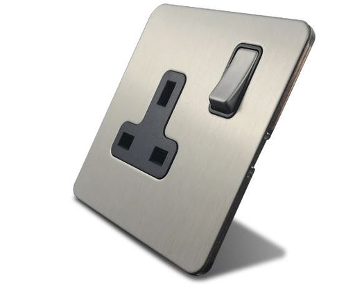 Caradok 1 Gang 13A Screwless Brushed Steel Plug Socket - Caradok - Screwless Brushed Steel