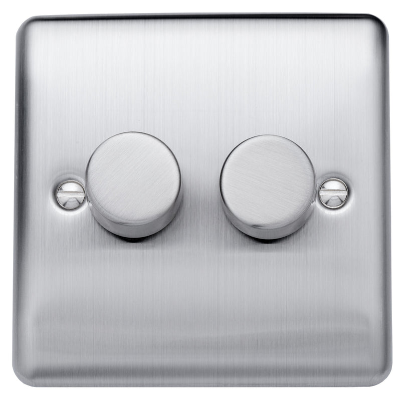 Caradok 100W 2 gang 2way LED Dimmer Switch Brushed Chrome, Metal Switch, Grey Insert - Caradok - The Curve - Brushed Steel