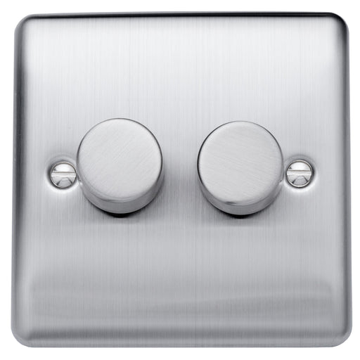 Caradok 100W 2 gang 2way LED Dimmer Switch Brushed Chrome, Metal Switch, Grey Insert - Caradok - The Curve - Brushed Steel