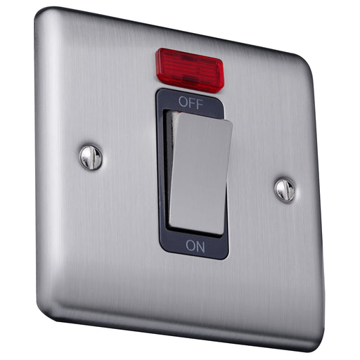 Caradok 45A 1gang double pole switch+neon single plate Brushed Chrome, Metal Switch, Grey Insert - Caradok - The Curve - Brushed Steel