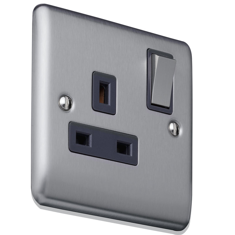 Caradok 13A 1gang switched socket, double pole Brushed Chrome, Metal Switch, Grey Insert - Caradok - The Curve - Brushed Steel