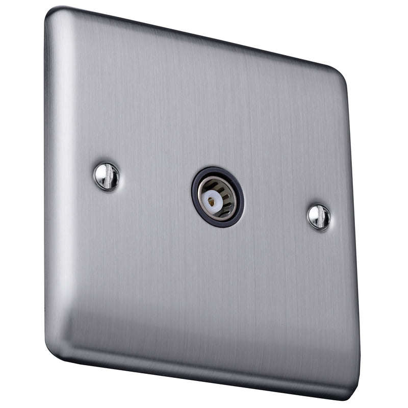 Caradok Isolated coaxial socket, single outlet Brushed Chrome, Metal Switch, Grey Insert - Caradok - The Curve - Brushed Steel