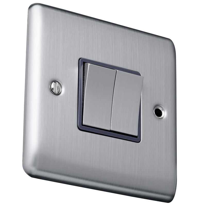 Caradok 2 gang 2 way plate switch Brushed Chrome, Metal Switch, Grey Insert - Caradok - The Curve - Brushed Steel