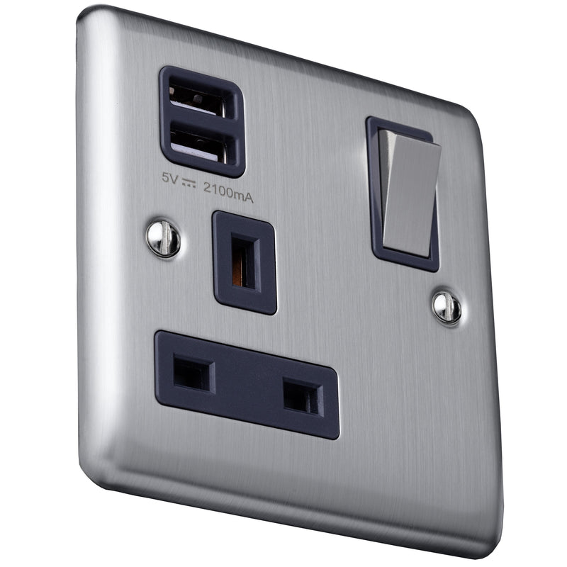 Caradok 13A 1 gang switched socket+2×1.0A USB outlet Brushed Chrome, Metal Switch, Grey Insert - Caradok - The Curve - Brushed Steel