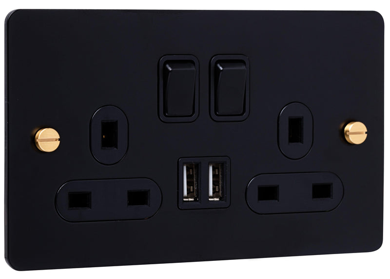 Caradok 2G Matt Black Socket with Dual USB Ports and Brass Screws - Home & Garden > Lighting Caradok - Heavy Metal - Black