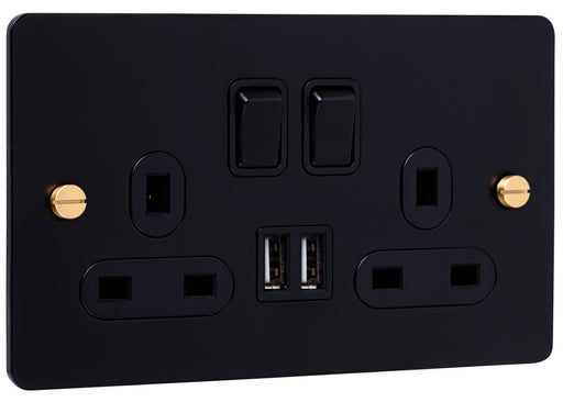 Caradok 2G Matt Black Socket with Dual USB Ports and Brass Screws - Home & Garden > Lighting Caradok - Heavy Metal - Black