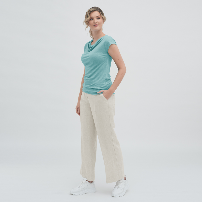 Linen Cowl Neck Womens Work T-shirt Sizes Xs to XL Apricot or Lagoon - Sustainable Workwear Range