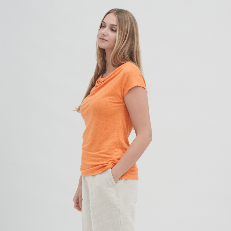 Linen Cowl Neck Womens Work T-shirt Sizes Xs to XL Apricot or Lagoon - Sustainable Workwear Range