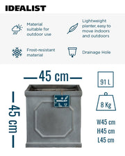 IDEALIST Lite Chelsea Flower Box Square Garden Planter, Faux Lead Grey Light Stone Outdoor Large Plant Pot W45 H45 L45 cm, 91L - Home & Garden > Lawn & Garden > Gardening > Pots & Planters > Planters