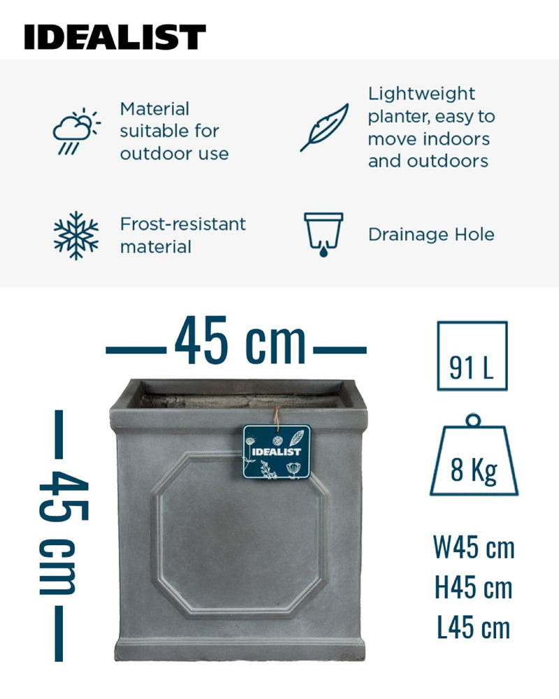 IDEALIST Lite Chelsea Flower Box Square Garden Planter, Faux Lead Grey Light Stone Outdoor Large Plant Pot W45 H45 L45 cm, 91L - Home & Garden > Lawn & Garden > Gardening > Pots & Planters > Planters