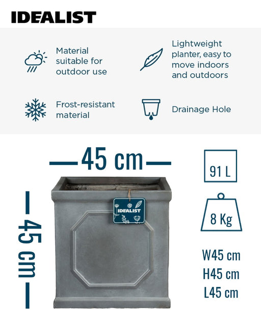 IDEALIST Lite Chelsea Flower Box Square Garden Planter, Faux Lead Grey Light Stone Outdoor Large Plant Pot W45 H45 L45 cm, 91L - Home & Garden > Lawn & Garden > Gardening > Pots & Planters > Planters