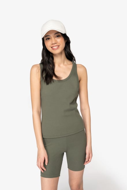 Organic Cotton Womens Ribbed Work Tank Top Sizes XS to XL Black Khaki - Sustainable Workwear Range