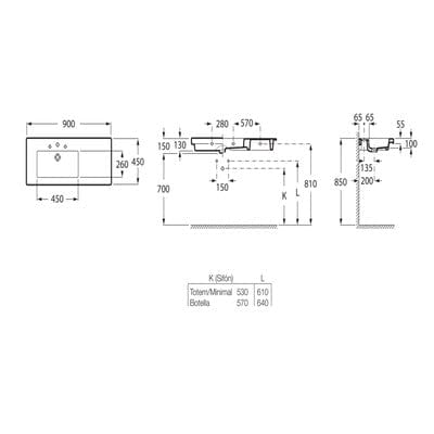 Prisma Ceramic 900mm Wall Hung Basin (Left & Right Side) - 1 Tap Hole - Bathrooms