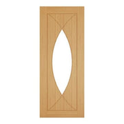 Wooden door with a central oval glass panel on a white background