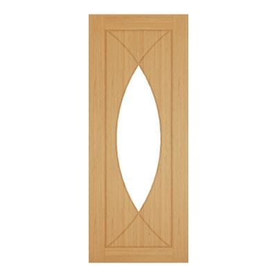 Wooden door with a central oval glass panel on a white background