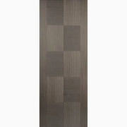 Wooden panel door with a checkered pattern on a white background
