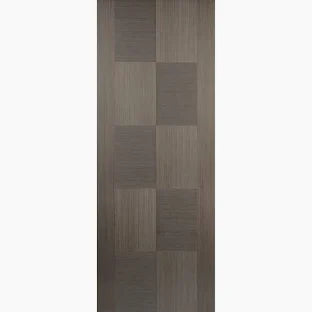 Wooden panel door with a checkered pattern on a white background