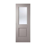 Gray door with a single rectangular window on a white background