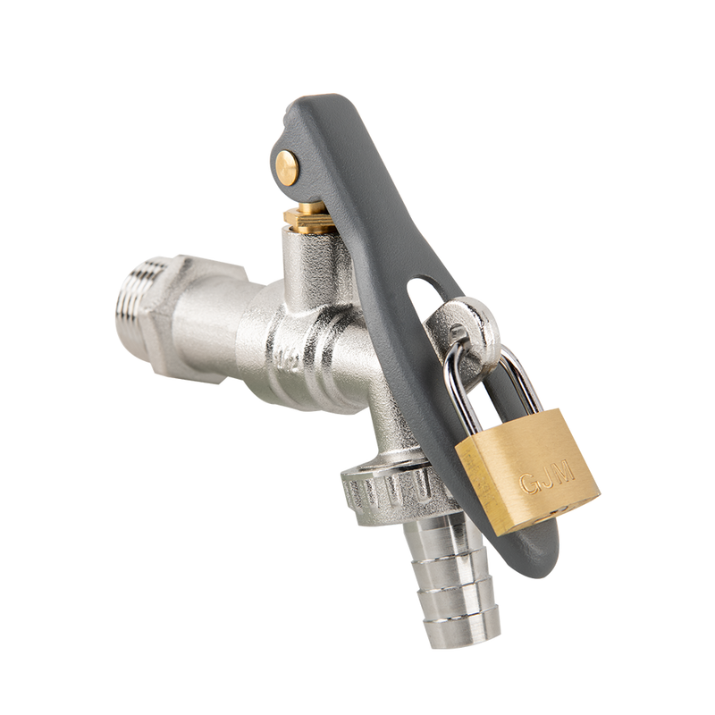 Lever Tap Brass Nickle Plated 1/2" BSPM Inlet with Hose Barb and lock - Home & Garden > Lawn & Garden Garden watering
