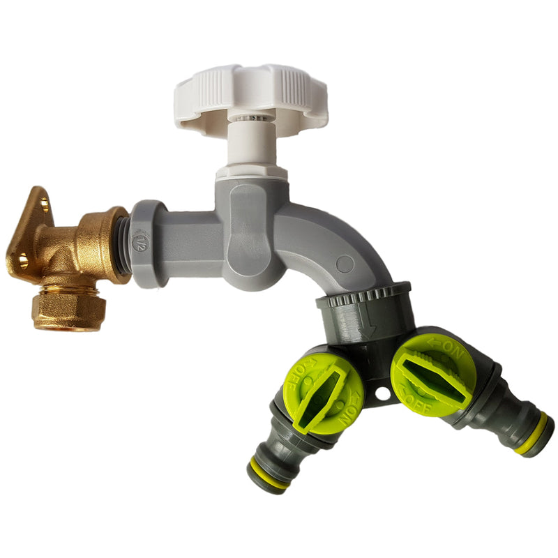 15mm Brass Wall Flange Kit with Grey Dial Tap + Two-Way Splitter - Home & Garden > Lawn & Garden Garden watering