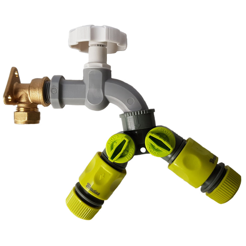 15mm Brass Wall Flange Kit with Grey Dial Tap + Splitter + Connectors - Home & Garden > Lawn & Garden Garden watering