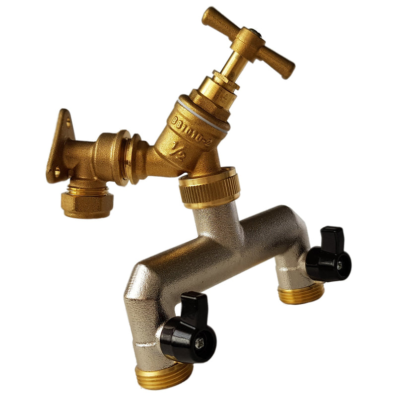 15mm Brass Wall Flange Kit with Brass Tap + 3/4" BSP Metal Splitter - Home & Garden > Lawn & Garden Garden watering