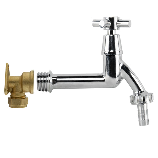 15mm Brass Wall Flange Kit with Extended Brass Chrome Tap 1/2" Barb - Garden watering