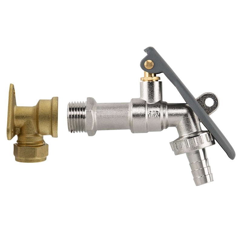 15mm Brass Wall Flange Kit with Lever Tap Hose Barb and Lever Lock - Garden watering