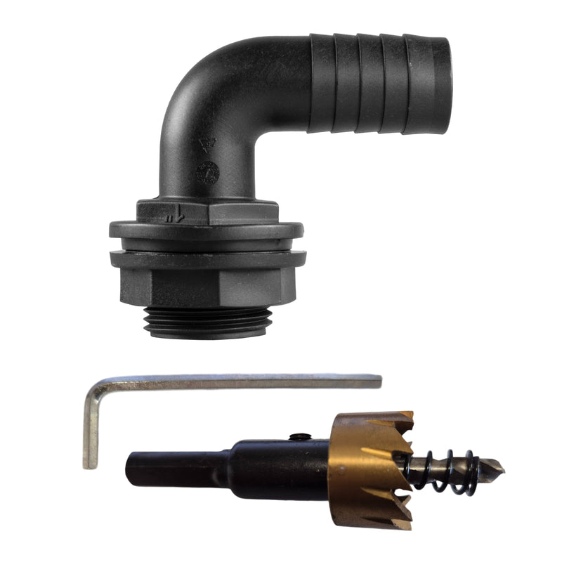 Tank Connector 90 Degree With Washer & Nut 1"BSPM - 1" Barb and Drill Bit - Home & Garden > Lawn & Garden Tech Hose & Fittings