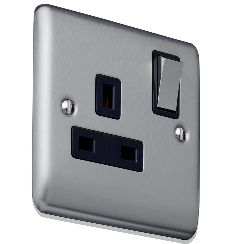 Caradok 1G 13A DP Switched Socket Brushed Chrome Black Insert - Caradok - The Curve - Brushed Steel