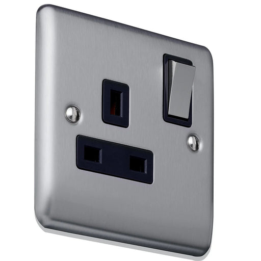 Caradok 1G 13A DP Switched Socket Brushed Chrome Black Insert - Caradok - The Curve - Brushed Steel