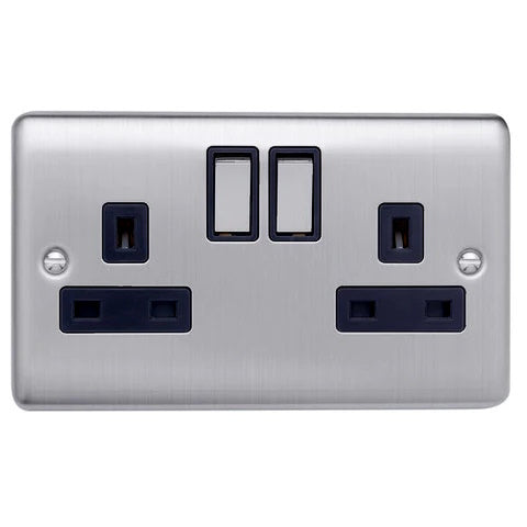Caradok 2G 13A DP Switched Socket Brushed Chrome Black Insert - Caradok - The Curve - Brushed Steel