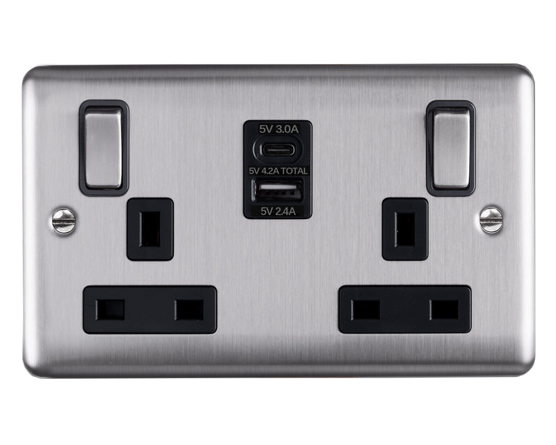 Caradok 2G 13A Switched Socket USB A + C Brushed Chrome Black Insert - Hardware > Power & Electrical Supplies > Power Outlets & Sockets > Wall Outlets Caradok - The Curve - Brushed Steel