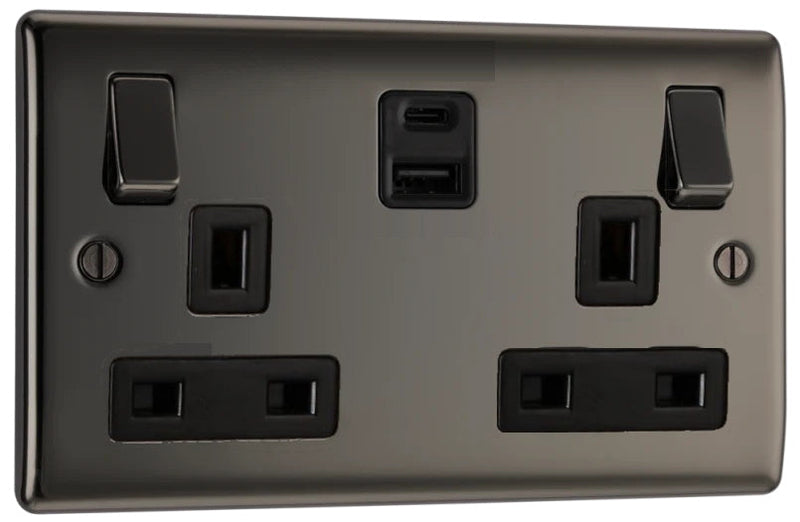 2 gang Double Pole Switched Socket with 1 x USB Type A Quick Charge + 1 x USB Type C - Black Nickel - Caradok - The Curve - Black Nickel