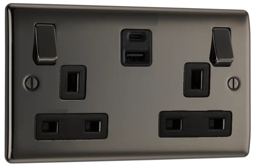 2 gang Double Pole Switched Socket with 1 x USB Type A Quick Charge + 1 x USB Type C - Black Nickel - Caradok - The Curve - Black Nickel