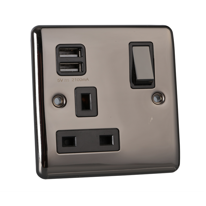 Caradok 1 Gang 2.1A Plug Socket with USB Sockets - Black Nickel - Caradok - The Curve - Black Nickel