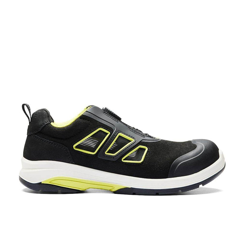 Black and gray yellow safety work shoe with yellow accents on a white background