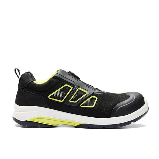 Black and gray yellow safety work shoe with yellow accents on a white background