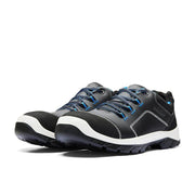 Black and gray sneakers with blue laces on a white background