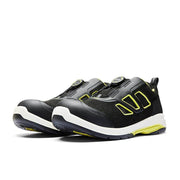 Black safety shoes with yellow accents on a white background
