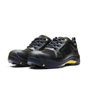 Black safety shoes with yellow accents on a white background